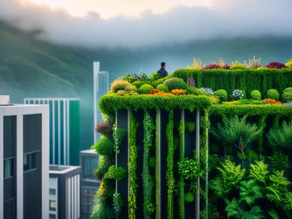 Vista aérea de ciudad moderna con techos verdes y jardines verticales vibrantes