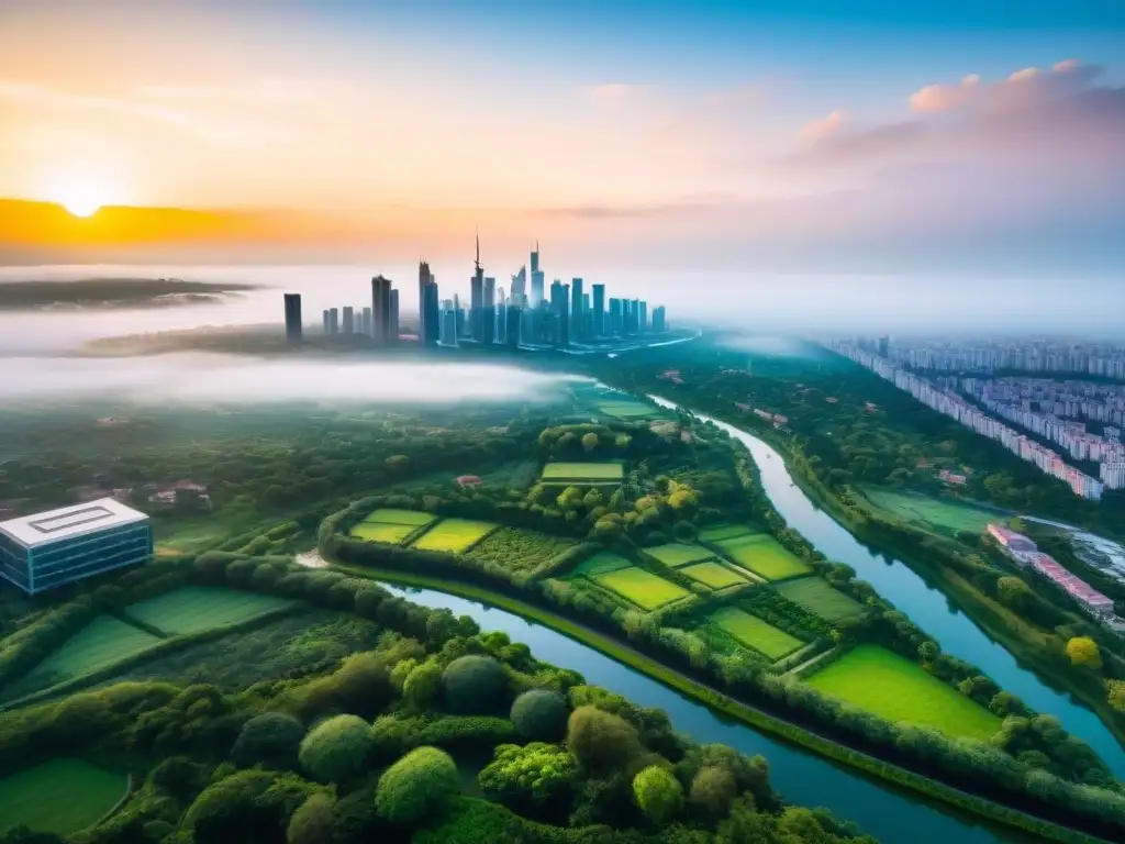 Vista aérea de una ciudad moderna con parques verdes y edificios sostenibles, resaltando la importancia del agua en construcción sostenible