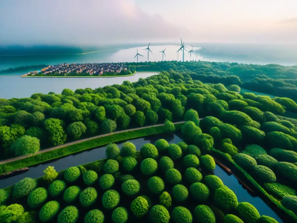 Vista aérea de una ciudad sostenible con edificios verdes, paneles solares, turbinas eólicas y calles arboladas