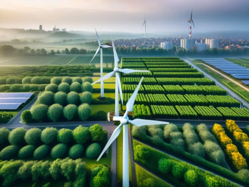 Vista aérea de ciudad sostenible con espacios verdes, paneles solares, molinos eólicos, transporte público eficiente y personas en bicicleta