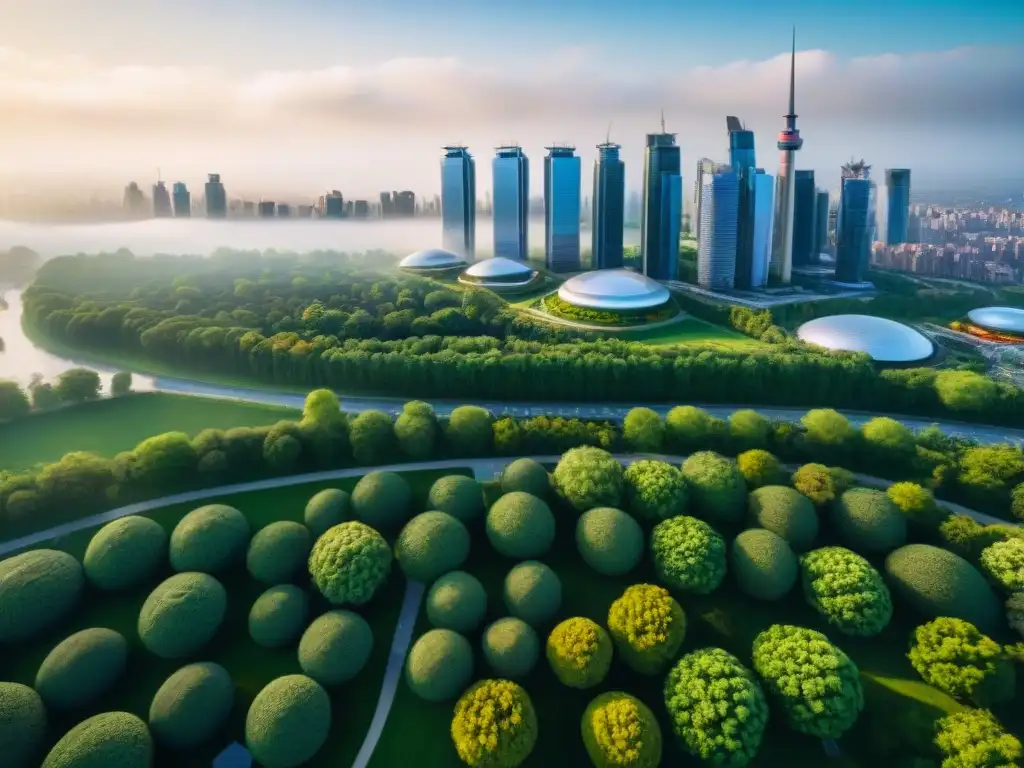 Vista aérea de ciudad sostenible con energías renovables y parque verde, ejemplo de economía circular sistemas sostenibles