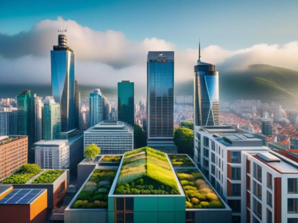 Vista aérea de ciudad sostenible con normativas de construcción y techos verdes, paneles solares y sistemas de recolección de agua