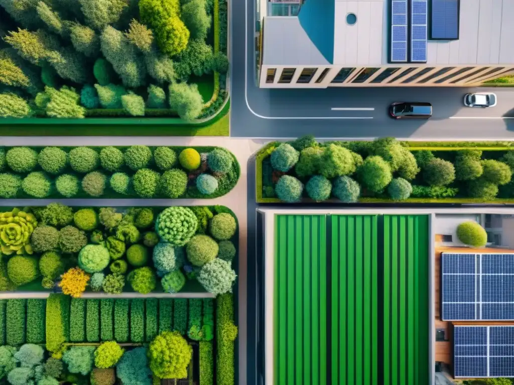 Vista aérea de una ciudad sostenible con edificios modernos y políticas gubernamentales ecofriendly