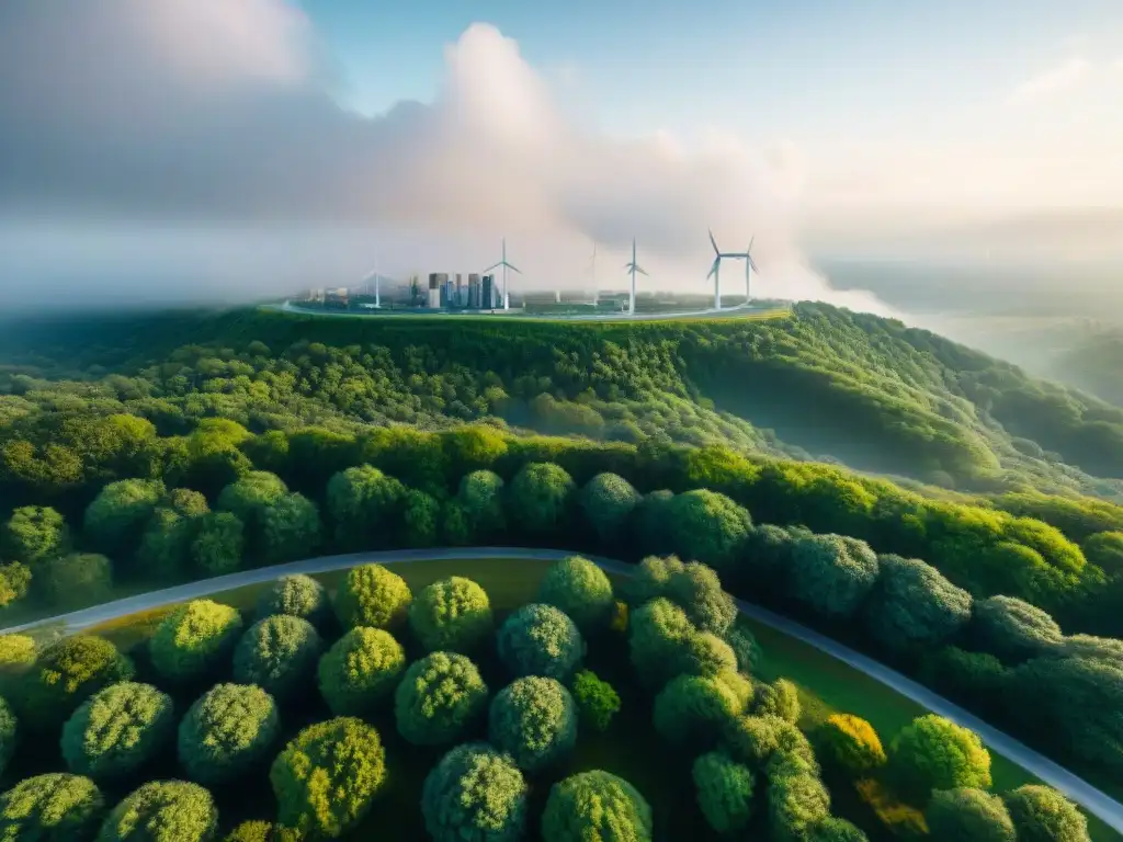 Vista aérea de una ciudad sostenible con techos verdes, paneles solares y turbinas eólicas