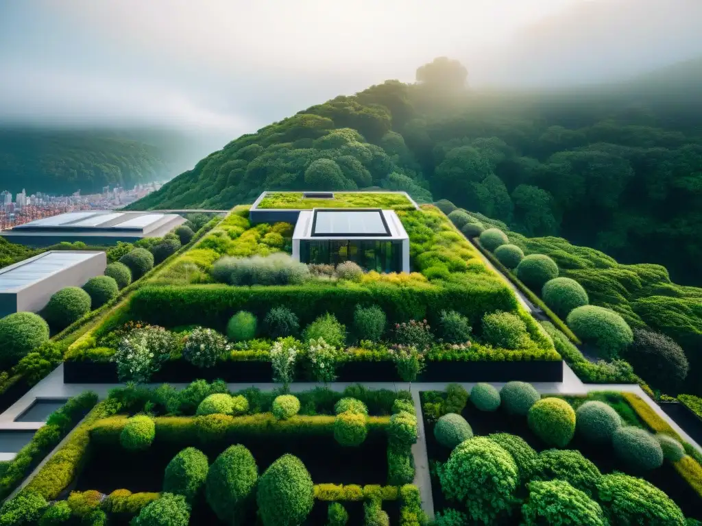 Vista aérea de ciudad con techos verdes, eficiencia energética y biodiversidad urbana