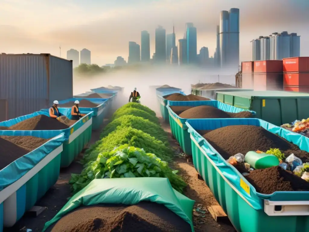 Vista aérea de una ciudad urbana con sistema de reciclaje sofisticado integrado en la infraestructura, trabajadores y voluntarios en acción