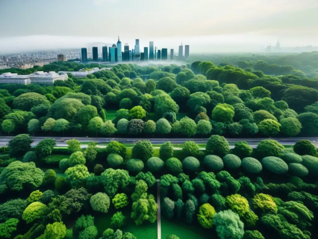 Vista aérea de una ciudad urbana con espacios verdes, resaltando los beneficios de la salud urbana