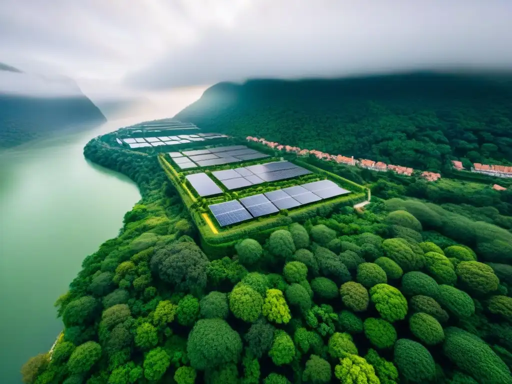 Vista aérea de una ciudad con viviendas verdes sostenibles futuras, paneles solares y jardines en azoteas