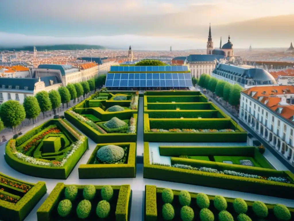 Vista aérea de ciudades europeas con hospedaje sostenible: techos verdes, paneles solares, bicicletas y arquitectura histórica y moderna