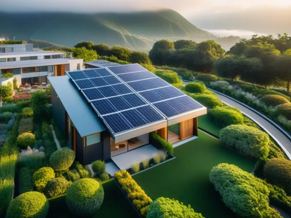 Vista aérea de un complejo residencial ecológico con paneles solares en el techo y espacios verdes