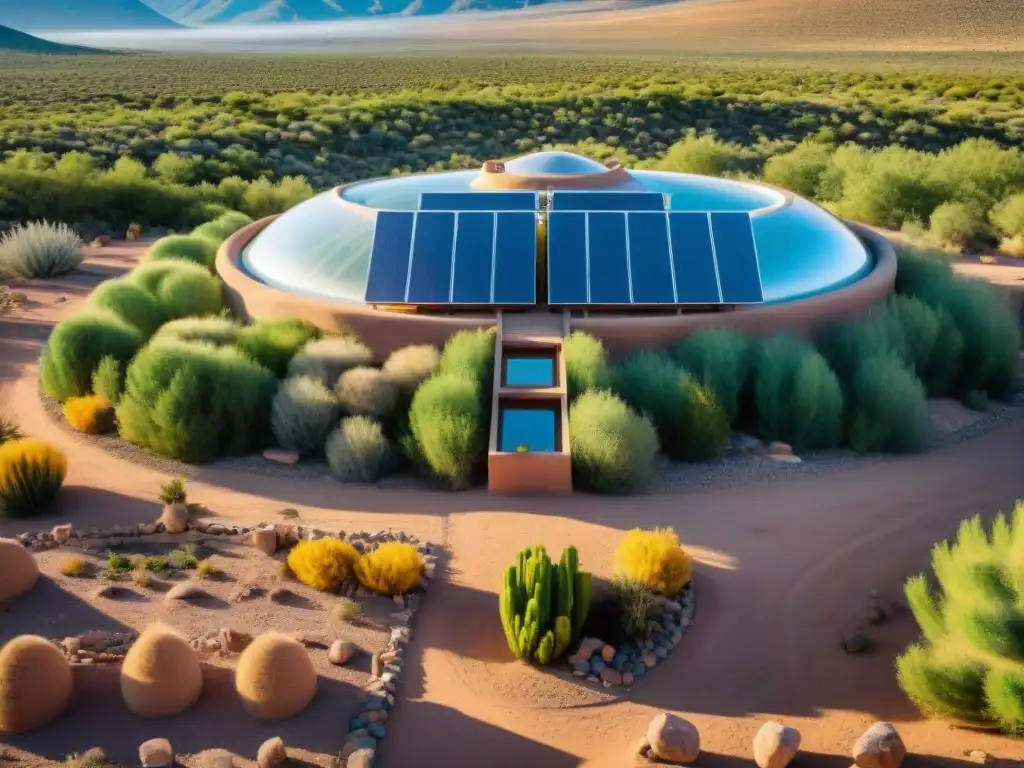 Vista aérea de la comunidad Earthship Biotecture en Taos, Nuevo México, con arquitectura sostenible y paisaje desértico