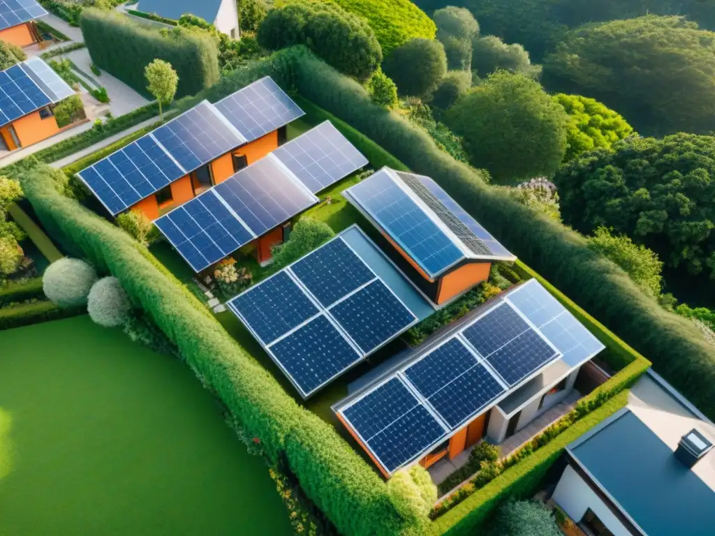 Vista aérea de un desarrollo de casas sostenibles con paneles solares, áreas verdes y familias disfrutando jardines comunitarios