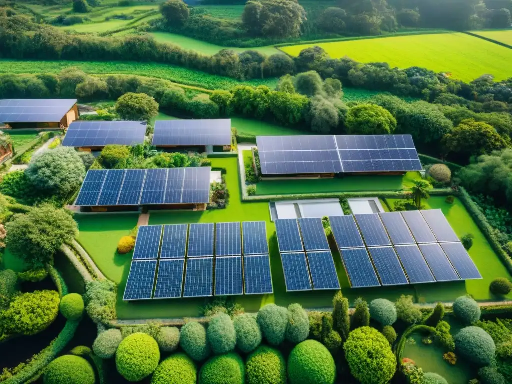 Vista aérea de un desarrollo de casas sostenibles, con paneles solares, jardines verdes y sistemas de recolección de agua de lluvia