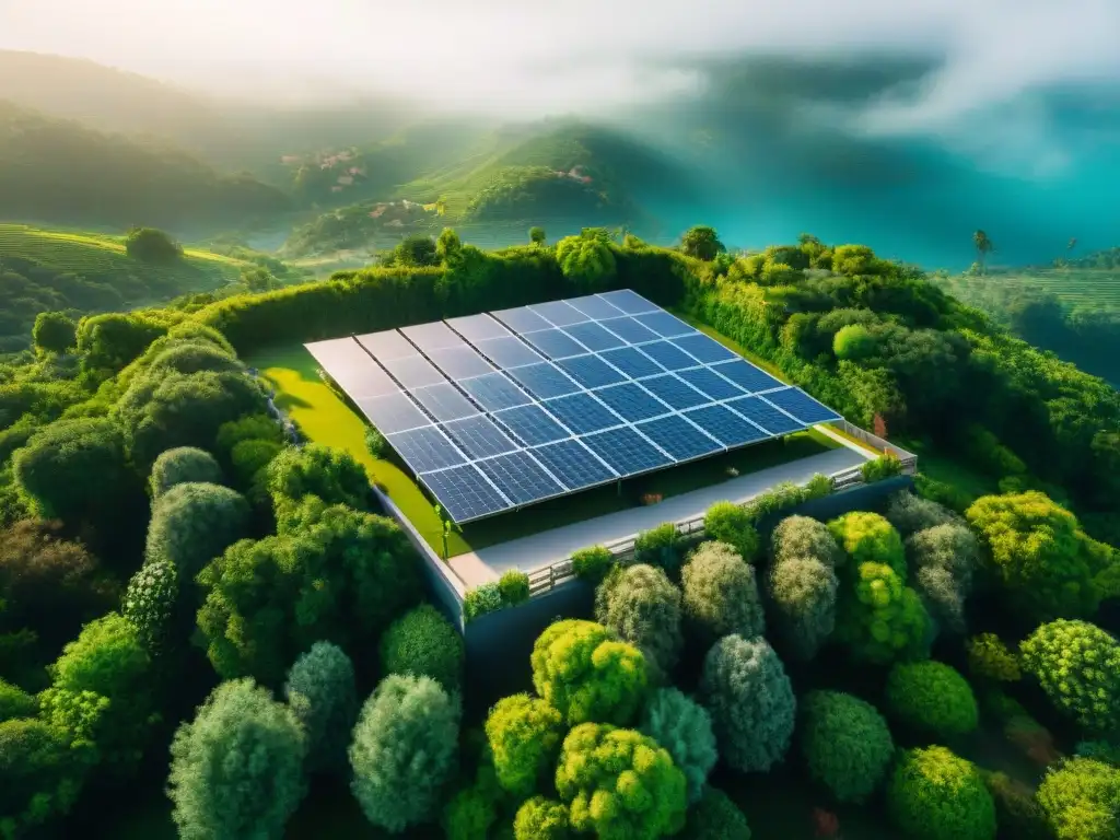 Vista aérea de un desarrollo inmobiliario ecológico con paneles solares, integrando tecnología verde para aumentar el valor de las propiedades