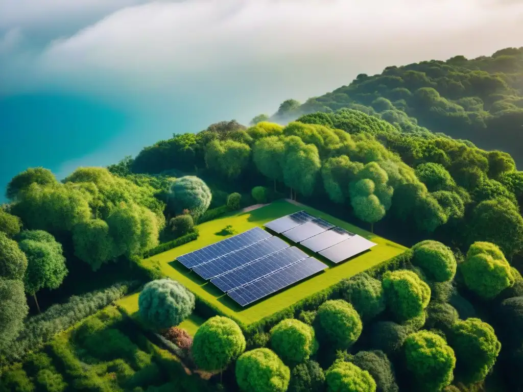 Vista aérea de desarrollo residencial ecoamigable con paneles solares relucientes bajo el sol, destacando la integración de soluciones energéticas sostenibles