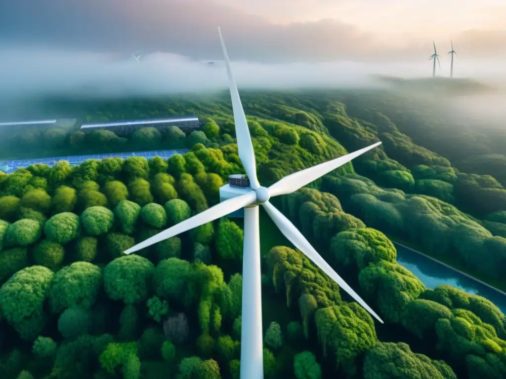 Vista aérea de desarrollo urbano sostenible con techos verdes, paneles solares, molinos de viento y bicisendas