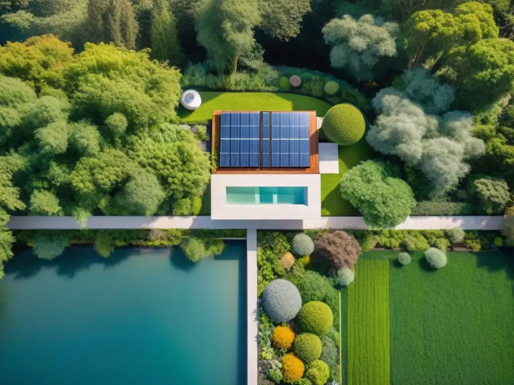 Vista aérea detallada de una casa sostenible de lujo en un entorno verde, reflejando el futuro del inmobiliario sostenible