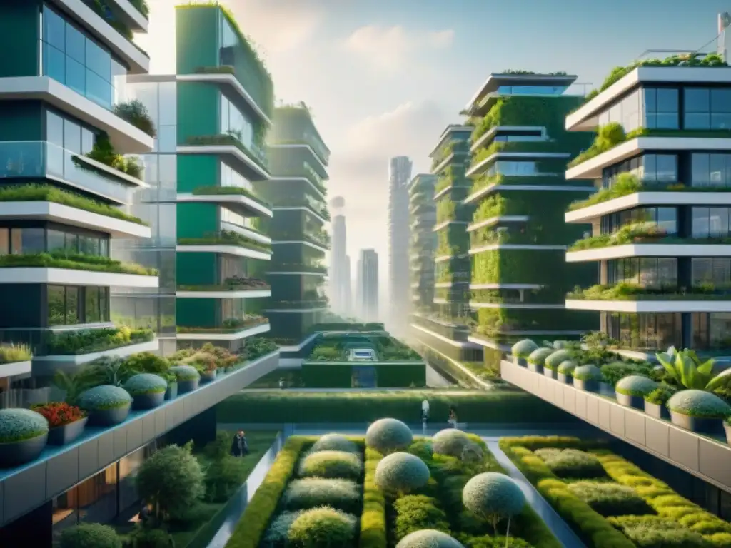 Vista aérea detallada de una ciudad futurista ecoamigable con arquitectura sostenible tecnologías futuras integradas