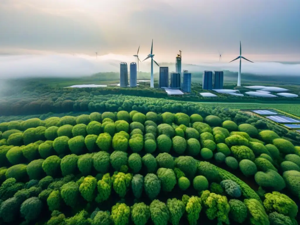 Vista aérea detallada de una ciudad moderna con techos verdes y paneles solares, rodeada de naturaleza y energía renovable