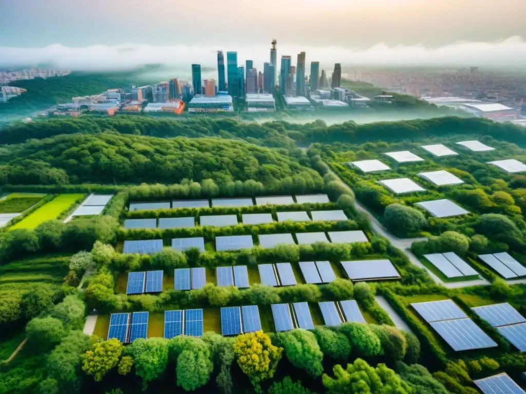 Vista aérea detallada de una ciudad bulliciosa con edificios modernos verdes, resaltando normativas Construcción Verde Actualizadas