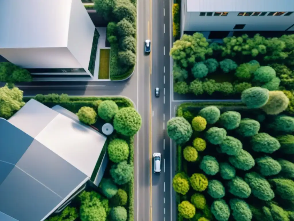 Vista aérea detallada de ciudad futurista con robots de limpieza ecológicos eficientes manteniendo un ambiente limpio