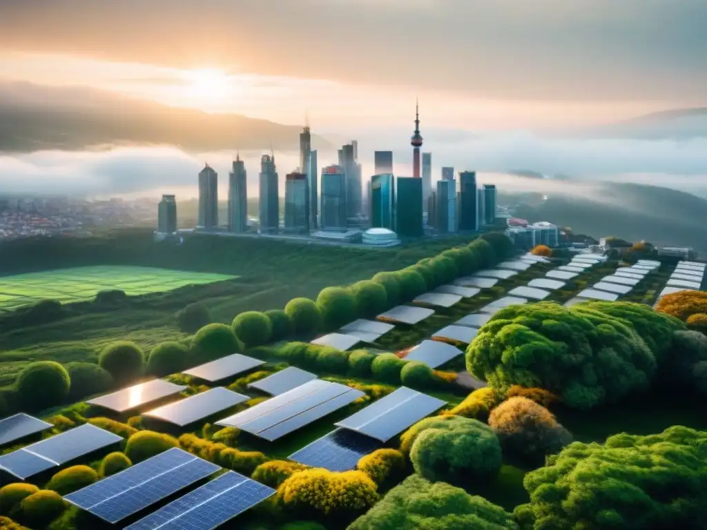 Vista aérea detallada de una ciudad con paneles solares y techos verdes, simbolizando normativas sostenibilidad cambio climático adaptación