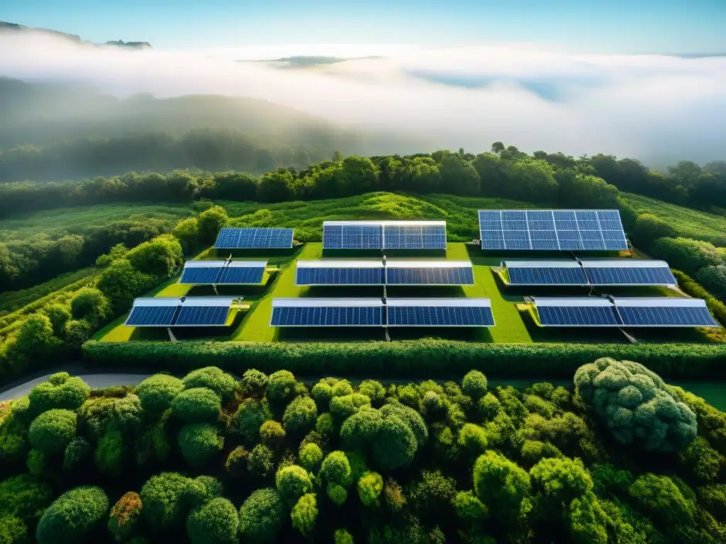 Vista aérea detallada de un complejo de edificios verdes con Certificación LEED en construcción verde, resaltando sus características sostenibles