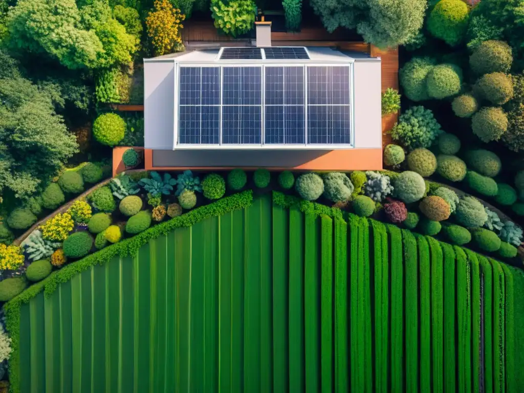 Vista aérea detallada de casa ecológica moderna con paneles solares, sistema de recolección de agua de lluvia y compostera en jardín