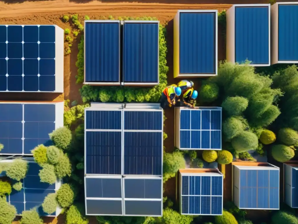 Vista aérea detallada de obra sostenible con trabajadores, paneles solares y vegetación