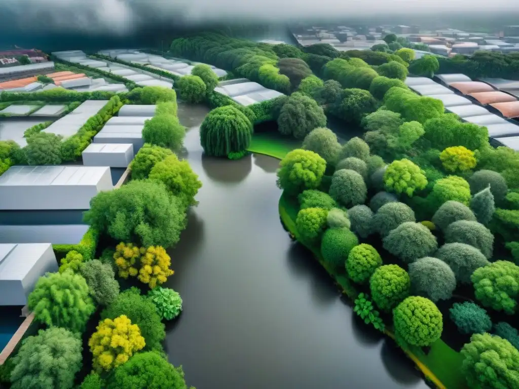 Una vista aérea detallada y vibrante de una ciudad lluviosa con recolección de agua, mostrando los beneficios de la recolección de agua lluvia