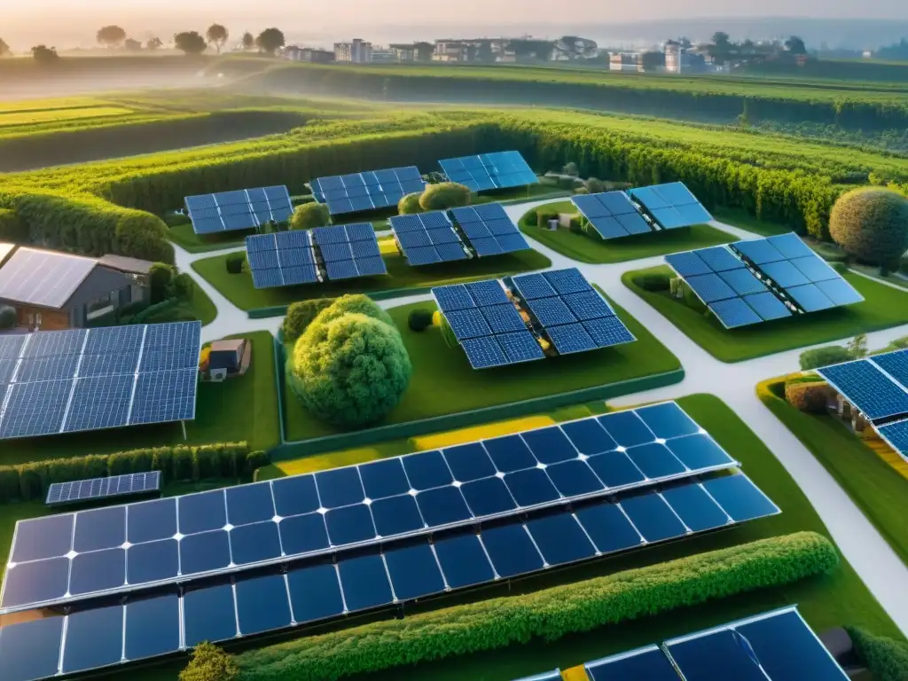 Vista aérea detallada de una zona residencial verde con paneles solares, turbinas eólicas y coches eléctricos