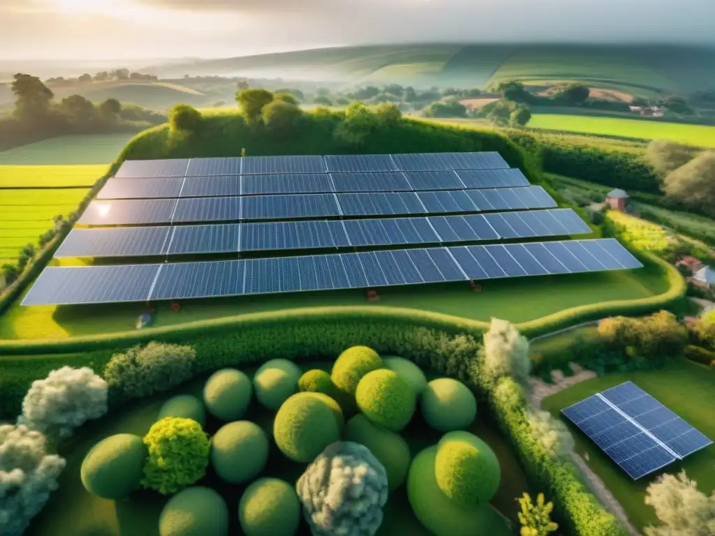 Ecovilla sostenible: energía solar, huertos verdes y comunidad activa Vista aérea de una eco aldea sostenible con paneles solares, turbinas eólicas, jardines verdes y residentes practicando actividades ecológicas