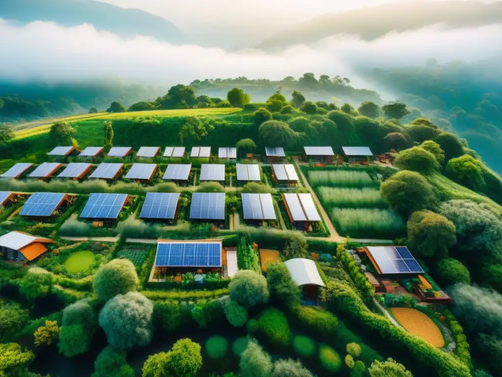 Vista aérea de un ecopueblo sostenible con casas bioconstruidas, paneles solares y jardín comunitario