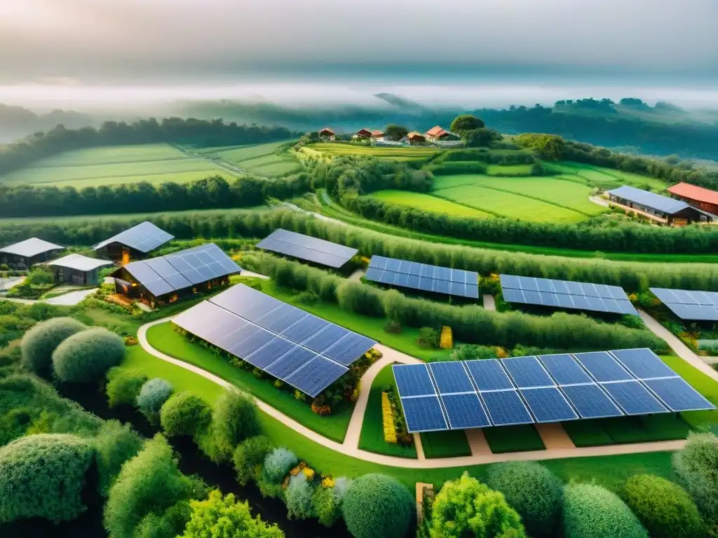 Vista aérea de ecovilla sostenible con paneles solares, espacios verdes y carriles bici