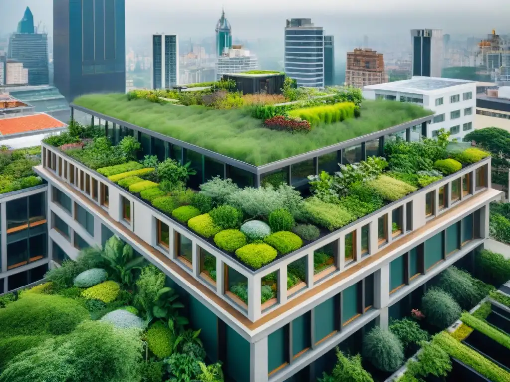 Vista aérea de edificio urbano con techos verdes, resaltando los beneficios ecológicos y la armonía con la ciudad