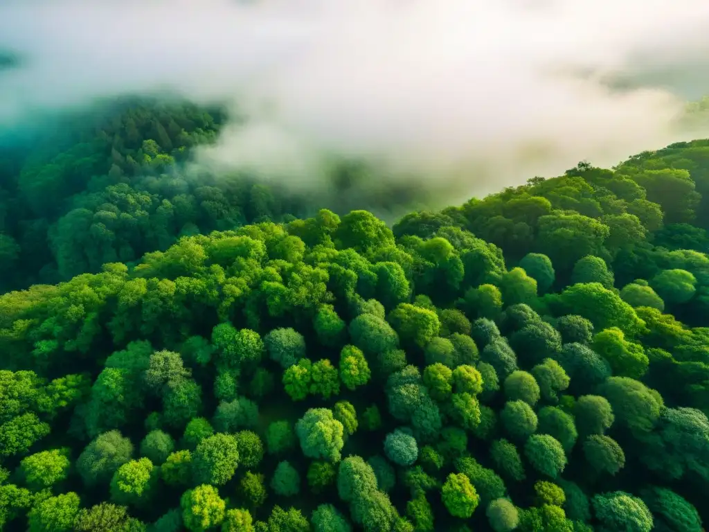 Vista aérea de un frondoso bosque verde con luz solar filtrándose entre el dosel, resaltando los vibrantes tonos de las hojas