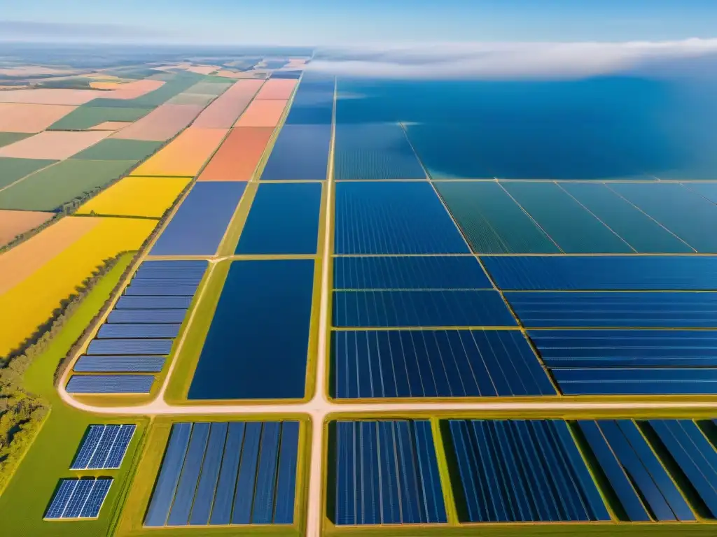 Vista aérea de granja solar bajo cielo azul