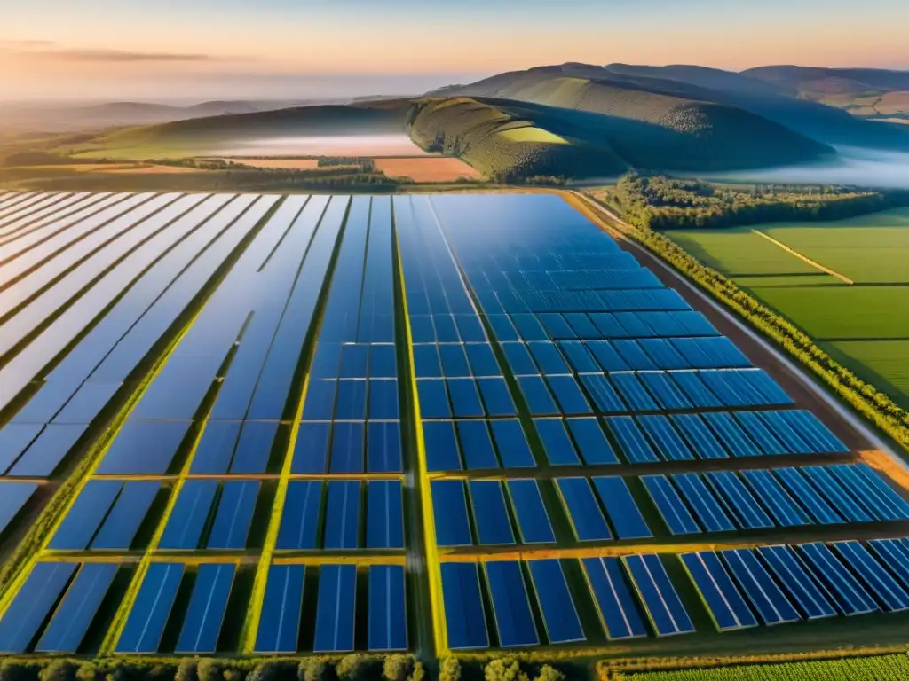 Vista aérea de granja solar extensa bajo cielo azul, paneles brillantes reflejando la luz solar