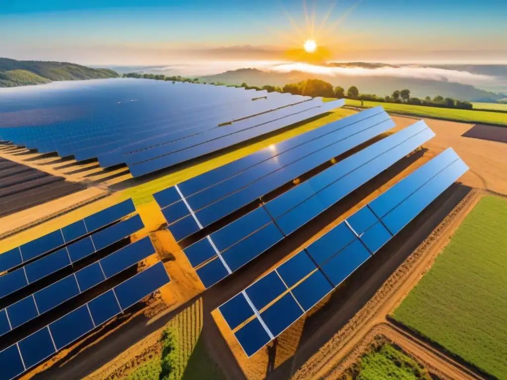 Vista aérea de granja solar con paneles en fila bajo cielo azul