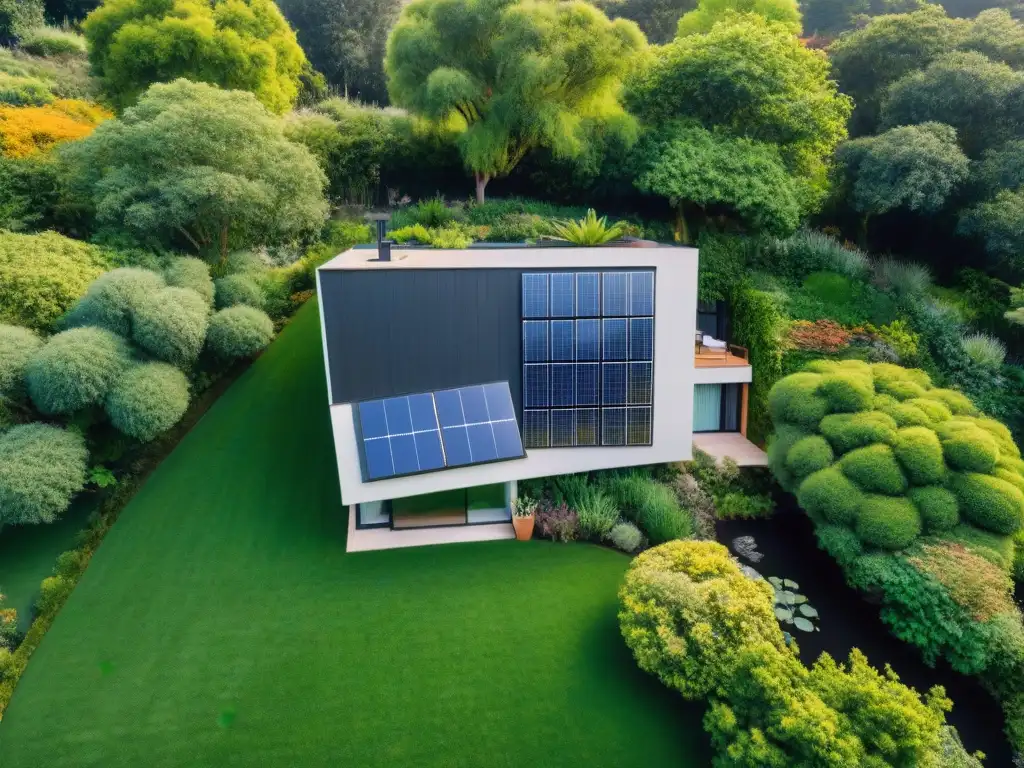 Vista aérea de hogar moderno y eficiente con paneles solares, rodeado de jardín verde