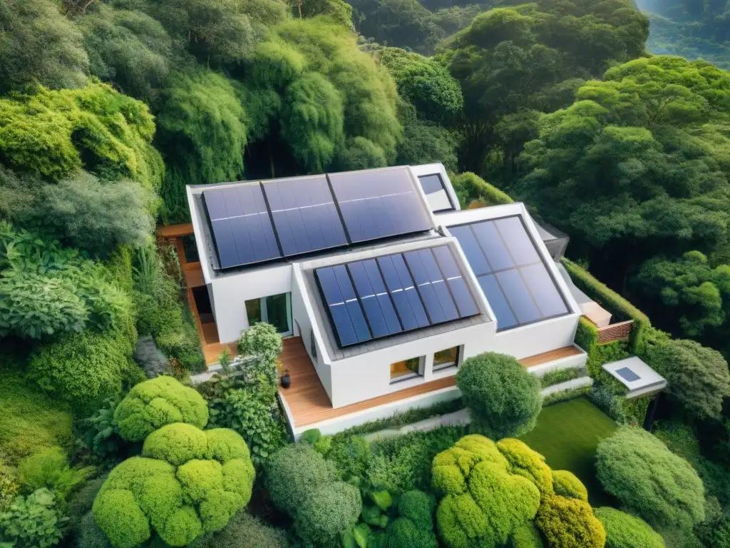 Vista aérea de hogar verde sostenible integrado en la naturaleza con paneles solares y sistema de recogida de agua de lluvia