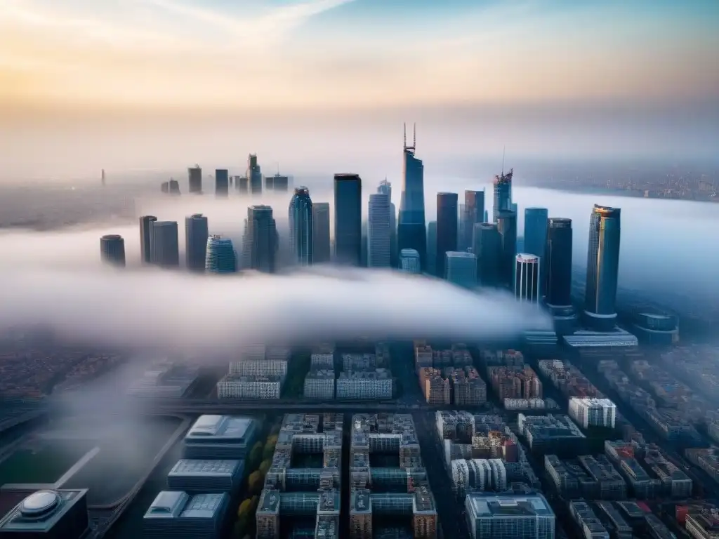 Vista aérea impactante de ciudad envuelta en smog, edificios parcialmente ocultos por contaminación