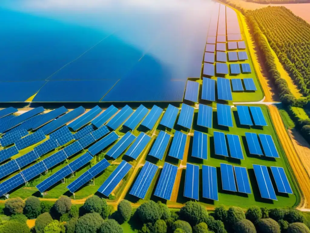 Vista aérea impactante de una extensa granja solar bajo el cielo azul