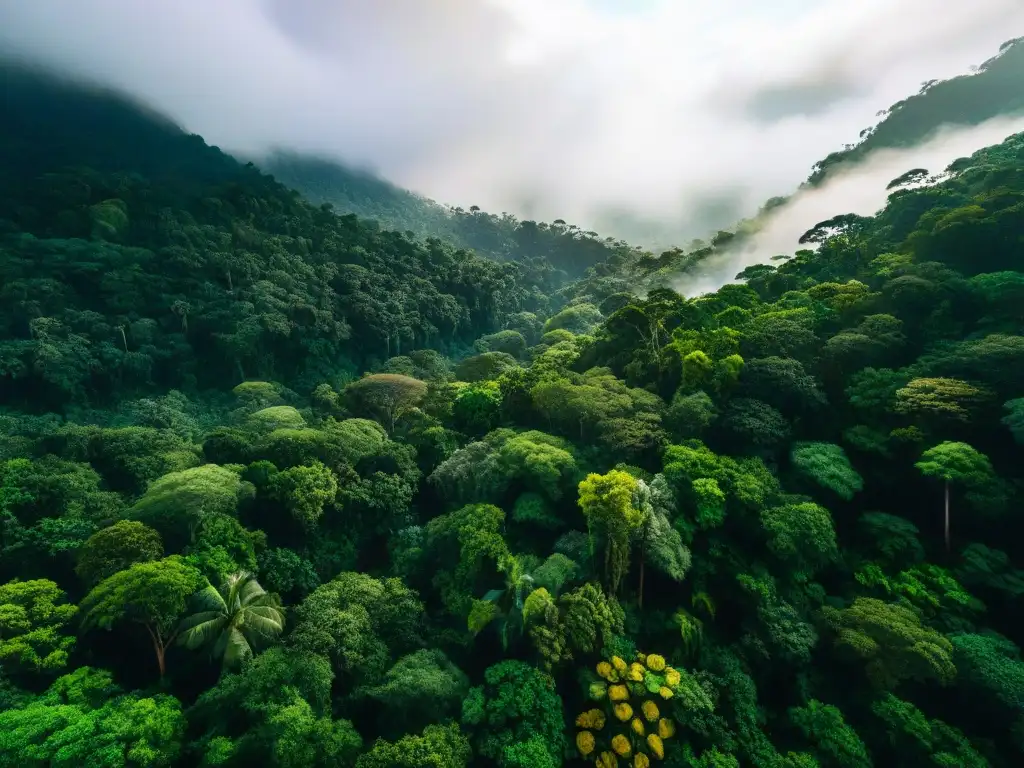 Vista aérea impactante de un exuberante dosel de selva con diversa flora y fauna