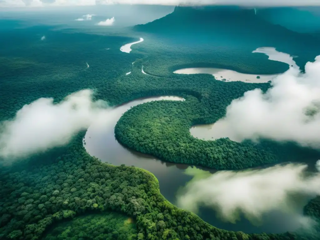 Vista aérea impresionante del Amazonas, exuberante y extenso, con el río brillando bajo el sol