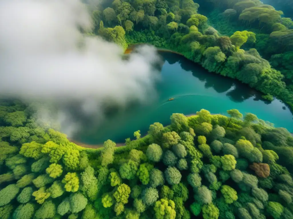 Vista aérea impresionante de un bosque exuberante y virgen, con un río serpenteante y biodiversidad vibrante