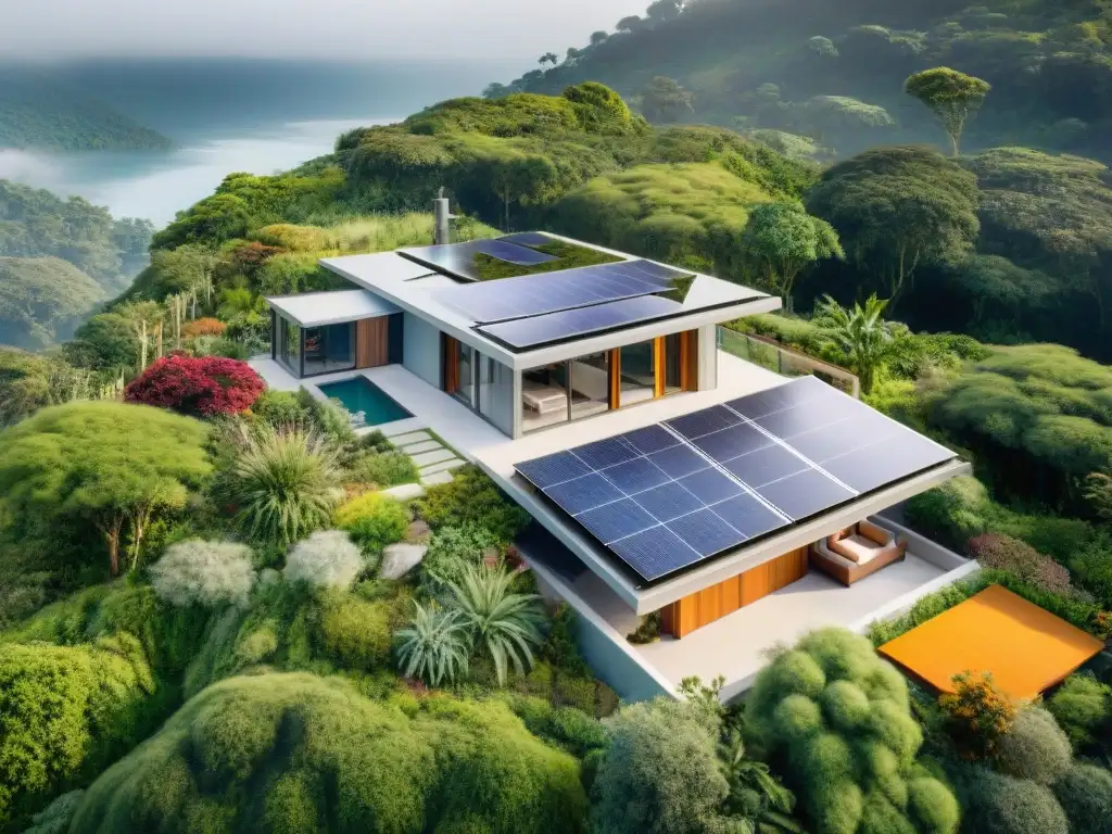 Vista aérea impresionante de una casa sostenible con energía solar y jardín vibrante, ideal para 'Seguros para viviendas sostenibles futuras'