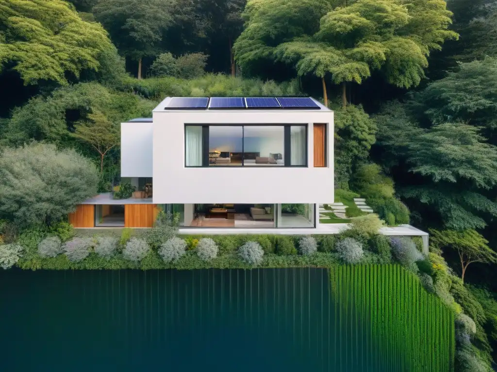 Vista aérea impresionante de una casa pasiva moderna en un entorno verde exuberante, que refleja eficiencia energética y confort