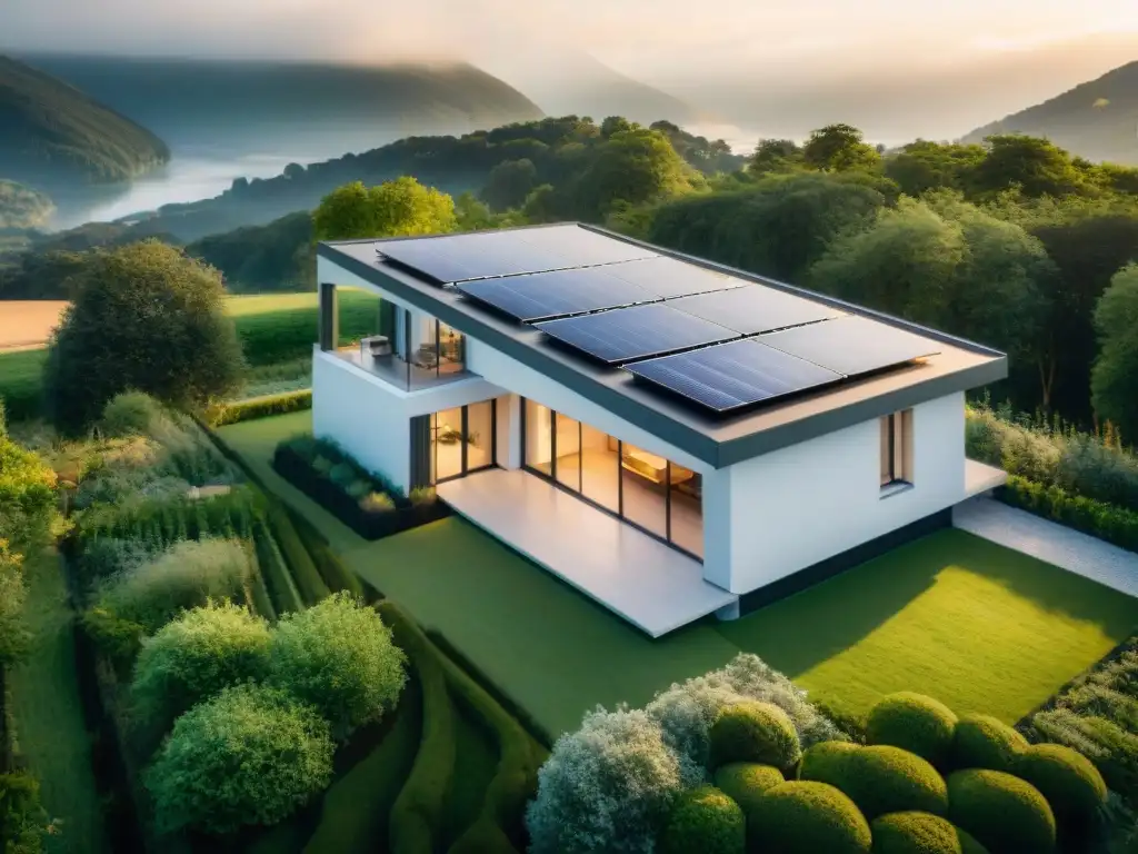 Vista aérea impresionante de una casa pasiva moderna en un entorno verde, con paneles solares y diseño integrado