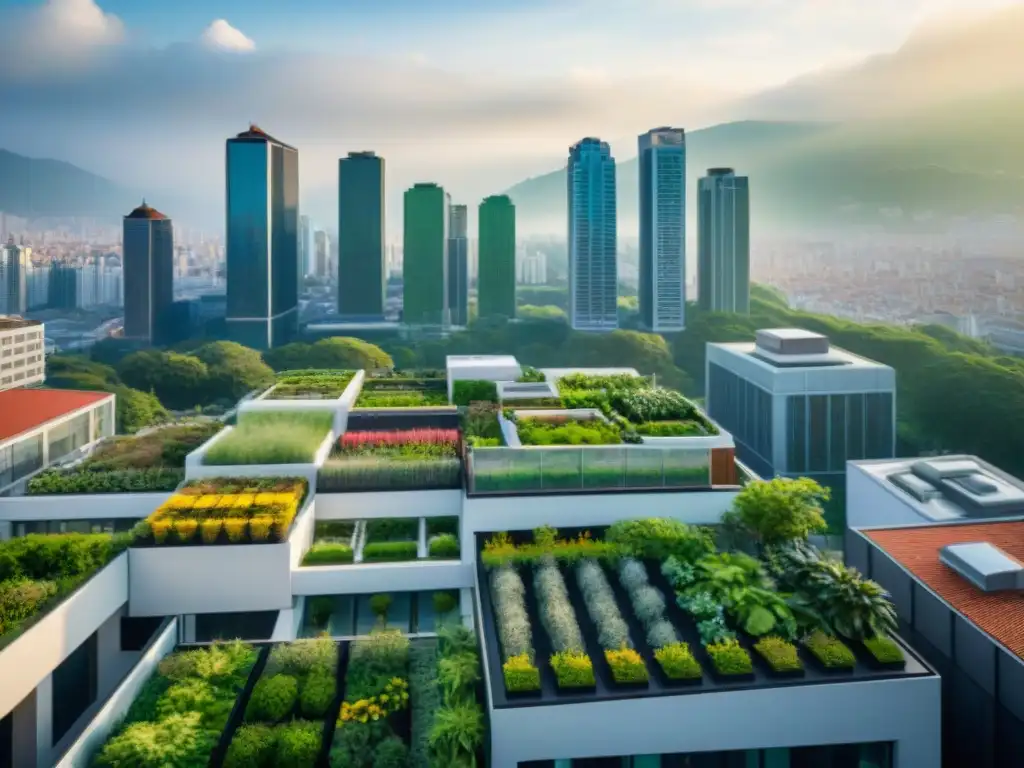 Vista aérea impresionante de una ciudad moderna con techos verdes eficiencia energética biodiversidad